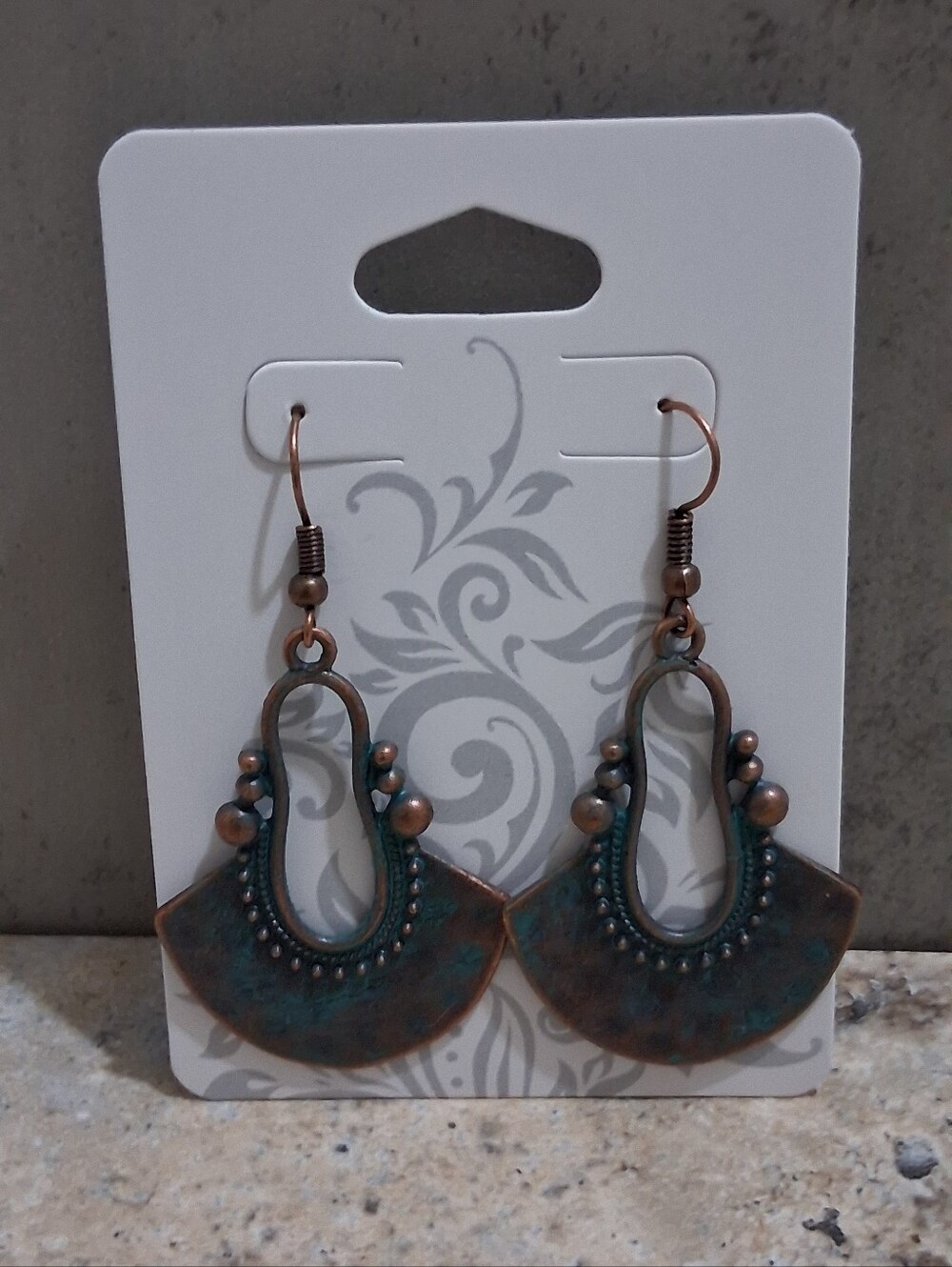 Copper Fan-Shaped Drop Earrings - Green and Brown - Picture 5 of 5